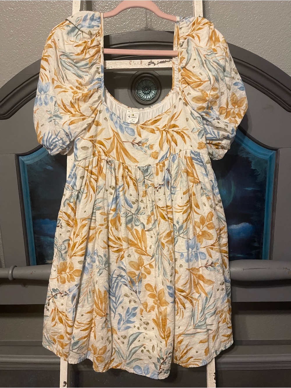 By Together Puff-Sleeve Floral Dress in Ivory, Blue & Mustard